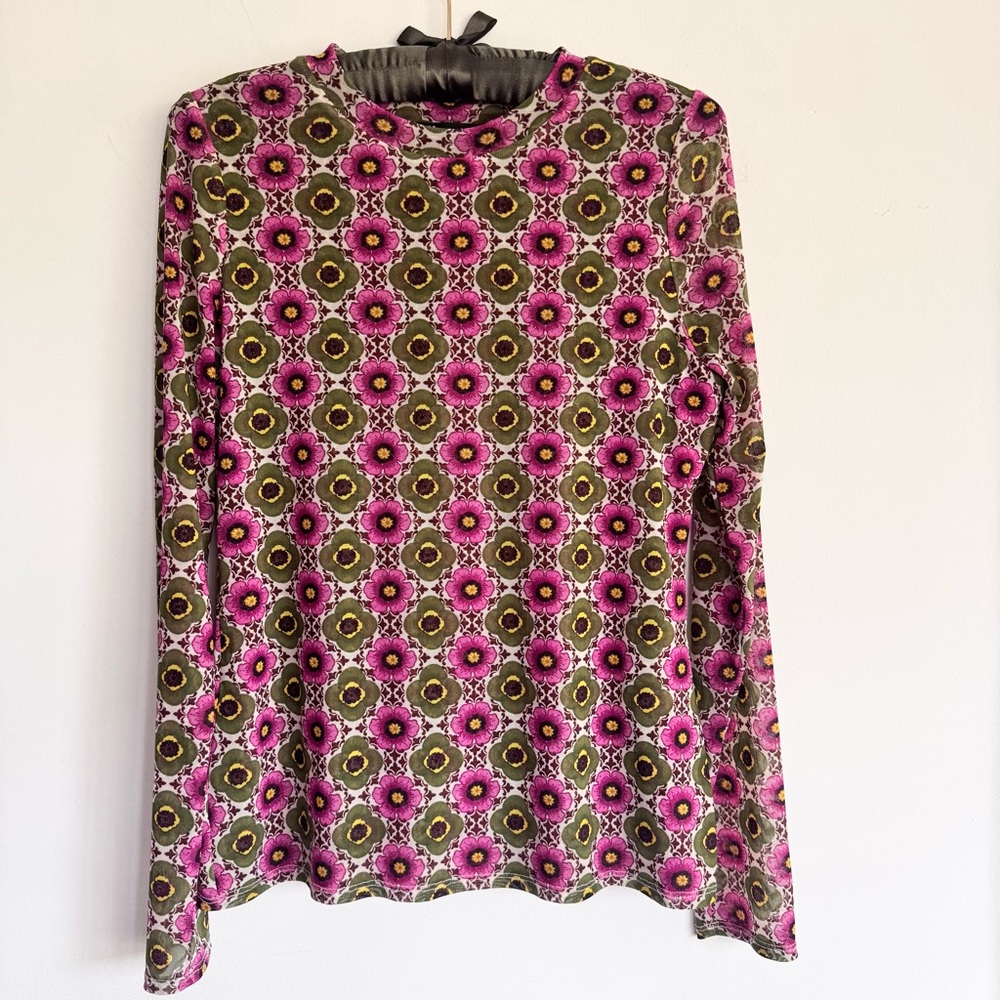 INC International Concepts Illusion Semi Sheer Purple Floral Mesh Top Size M